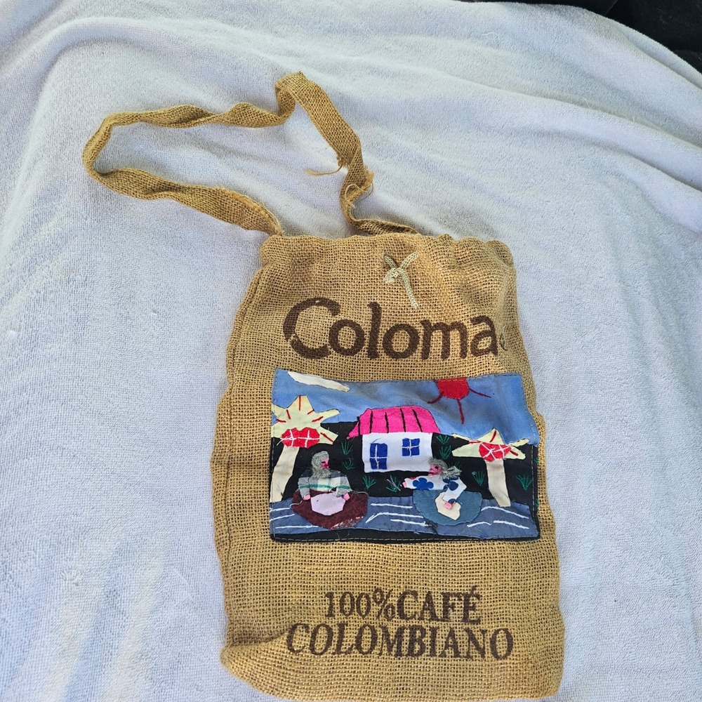 Vintage Coloma 100% Cafe Colombiano Burlap Sack Tote Bag Folk Art Applique